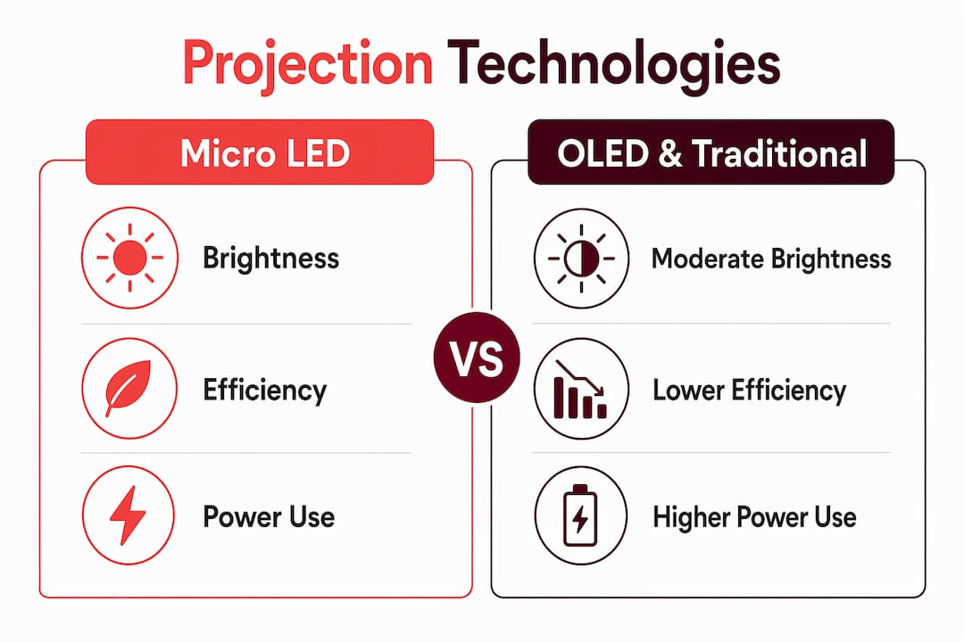 Infographic comparing micro LED with OLED and traditional projectors