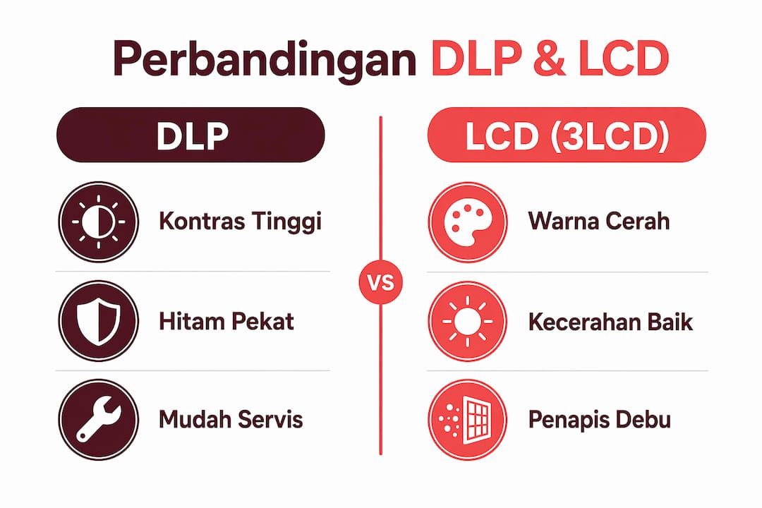 Infografik perbandingan kelebihan dan kekurangan teknologi DLP vs LCD