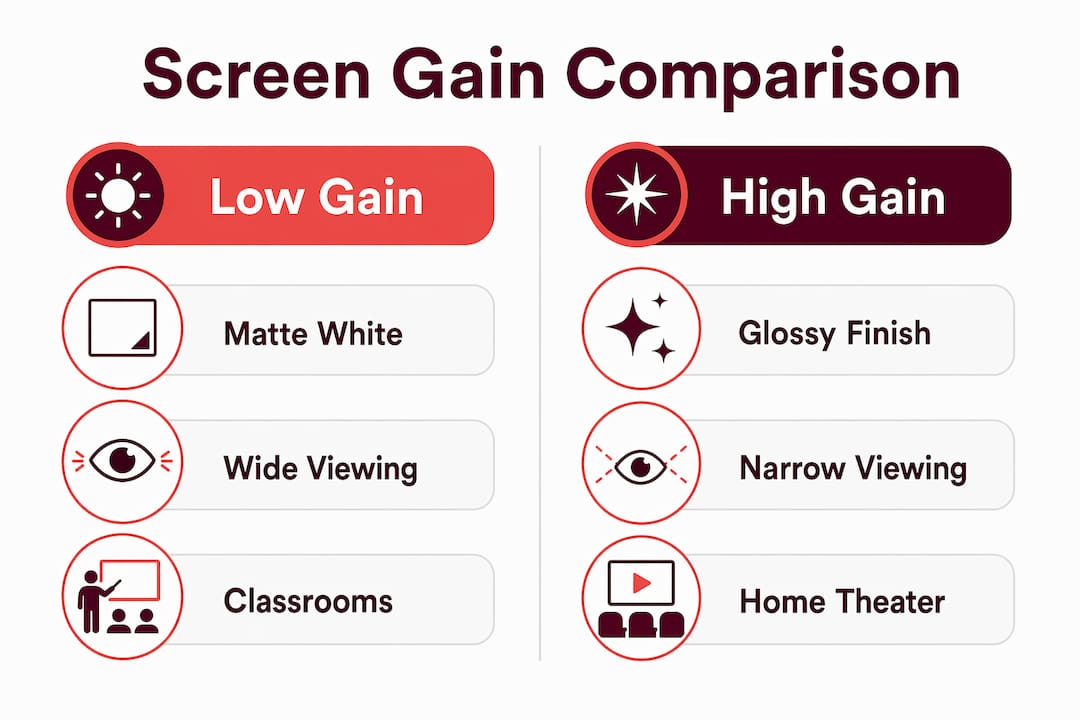 Infographic comparing low and high projection screen gain