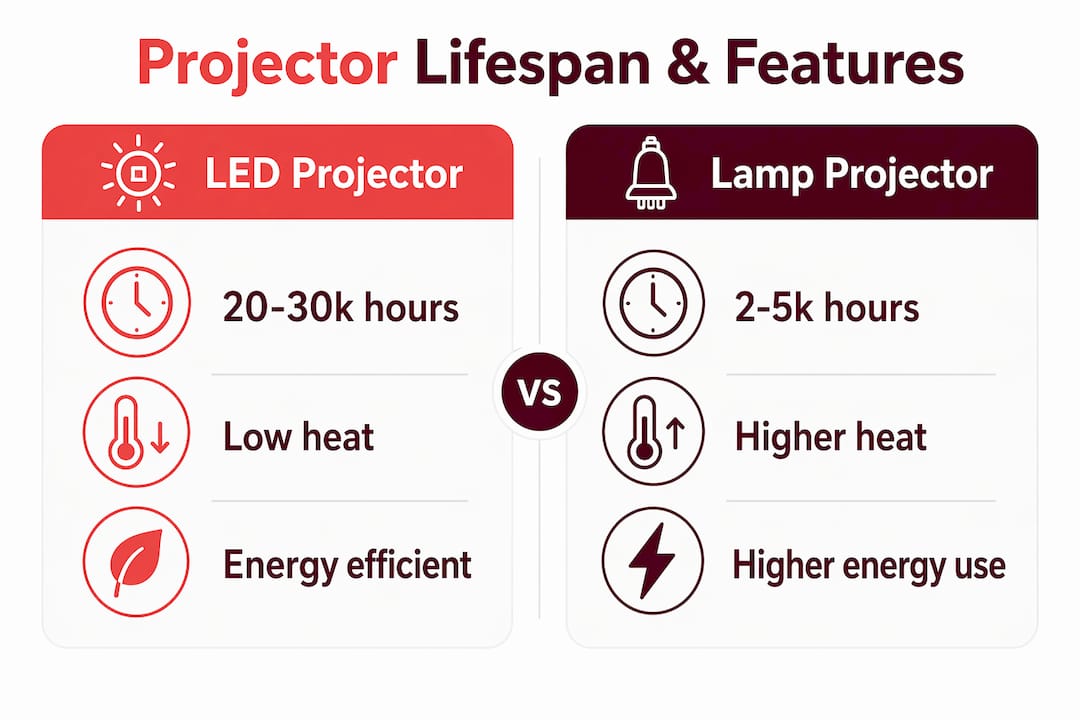 Infographic comparing LED and lamp projector features