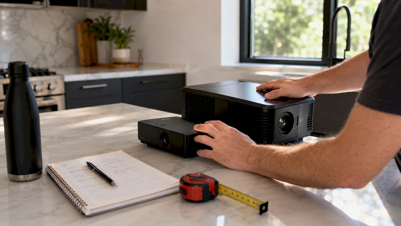 Hands holding LED and lamp projectors side by side