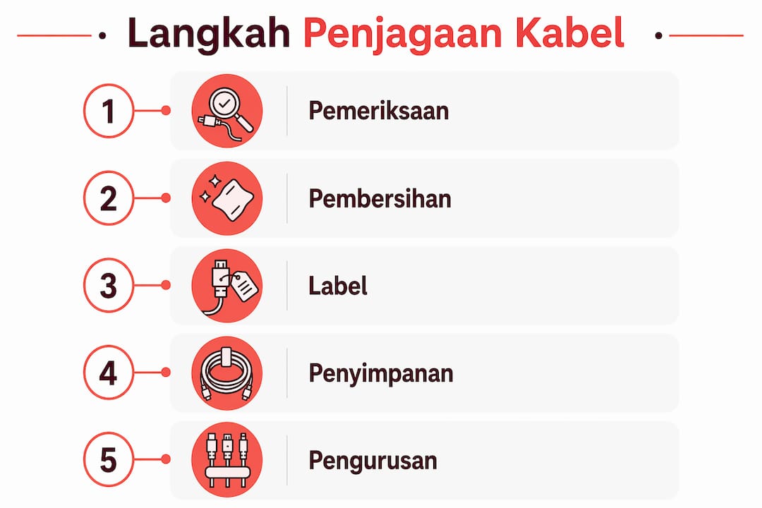 Infografik langkah mudah menjaga kabel projektor supaya tahan lama