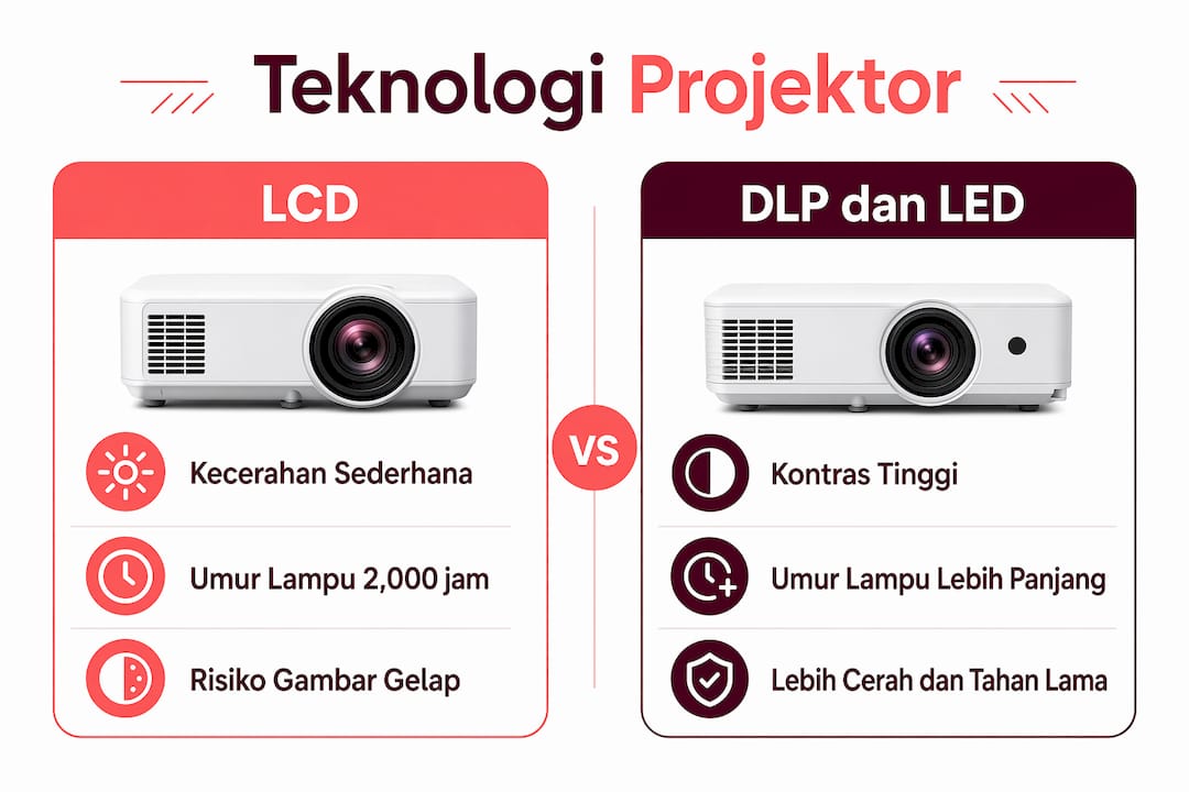 Infografik perbandingan kelebihan dan kekurangan teknologi projektor: LCD, DLP dan LED