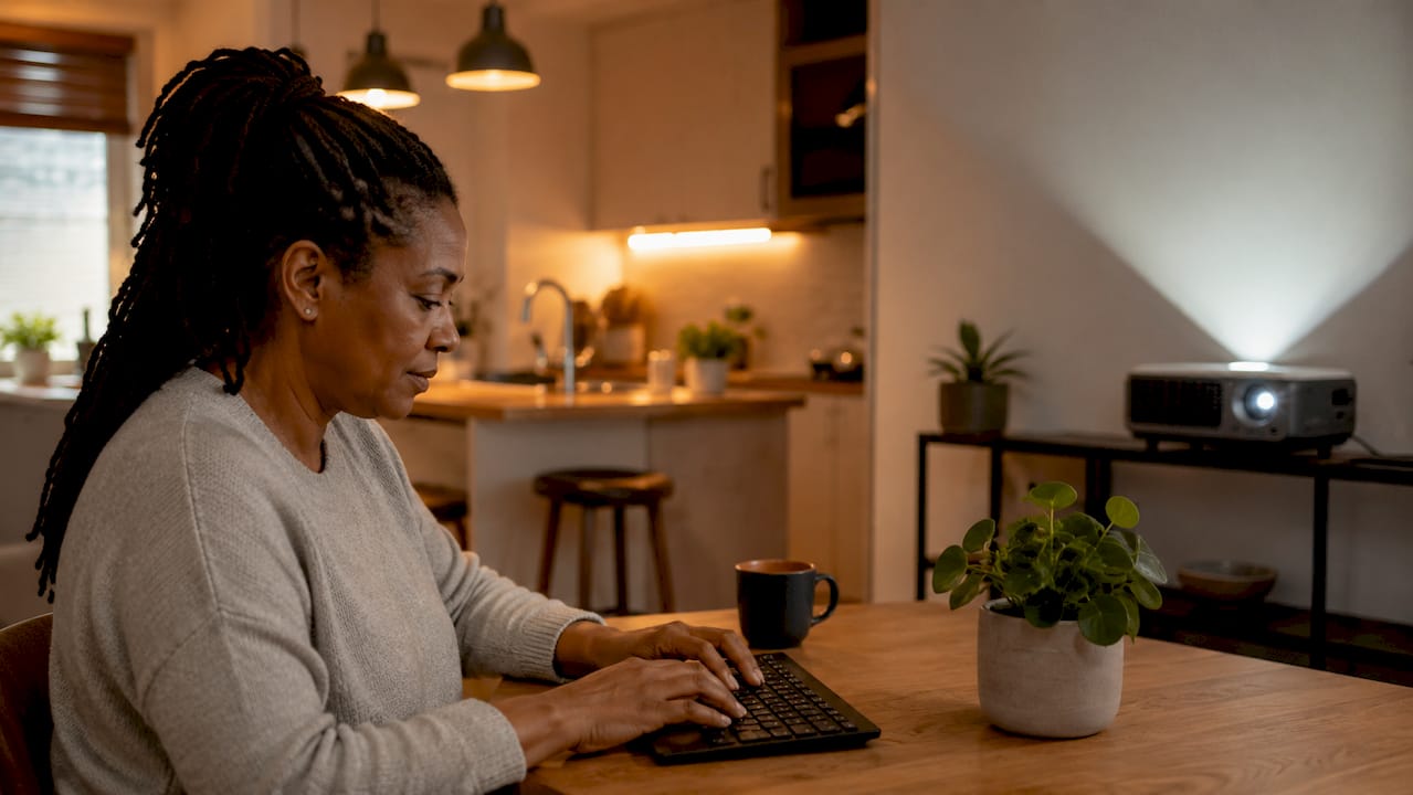 Hands typing near smart projector in home office