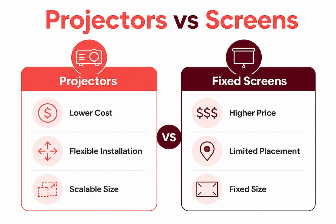 Infographic comparing projectors and fixed screens