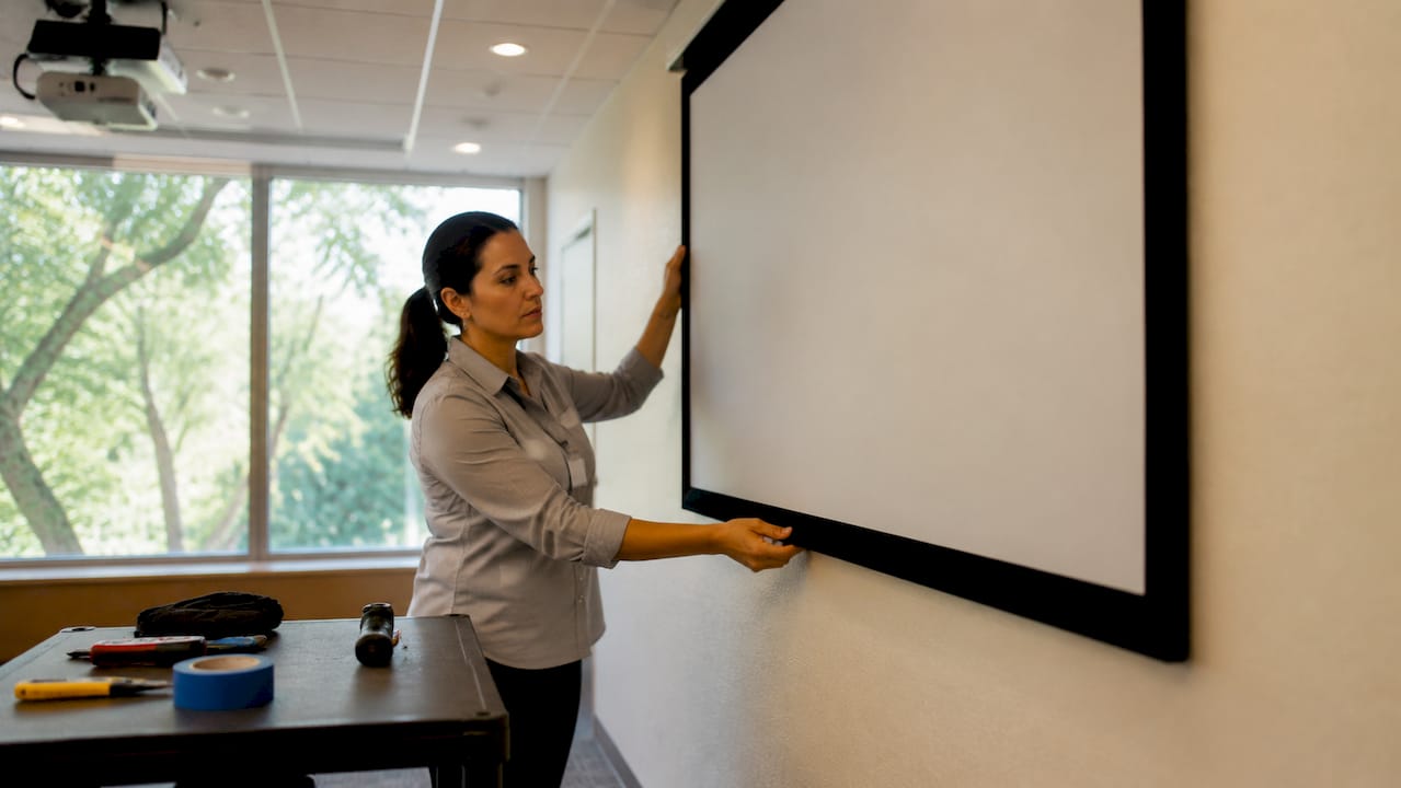 Technician setting up ALR screen in media room