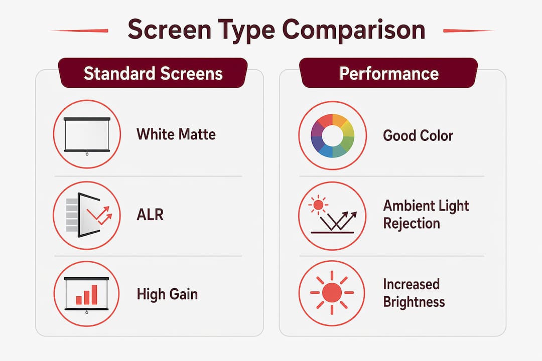 Infographic comparing projector screen types and performance