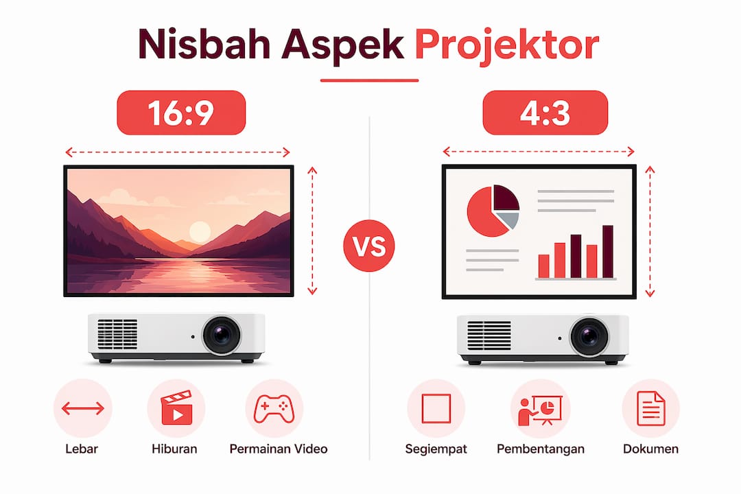 Infografik perbandingan nisbah aspek projektor: 16:9 berbanding 4:3