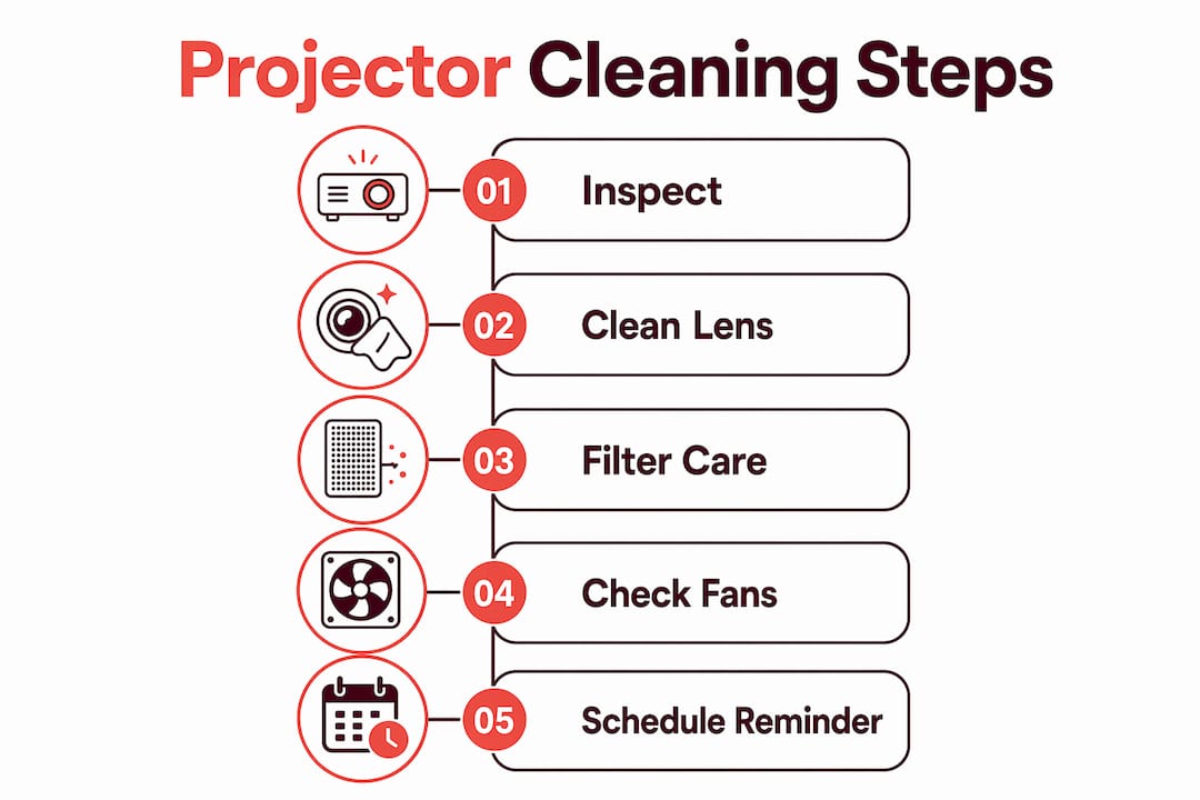 Infographic showing projector cleaning steps