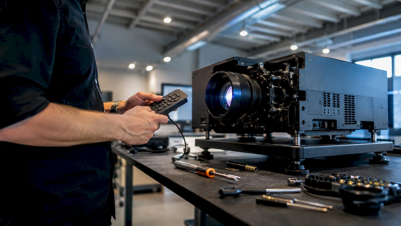 Hands using remote to control motorized projector lens