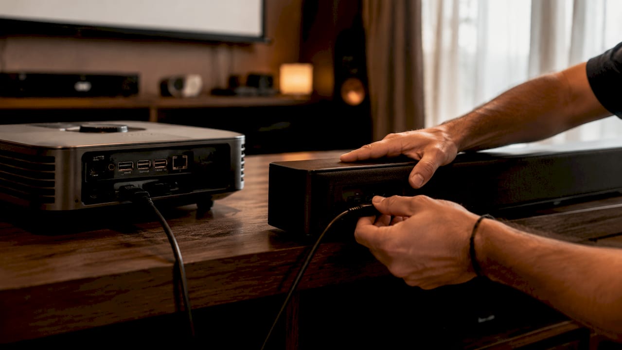 Hands connecting cable between projector and soundbar