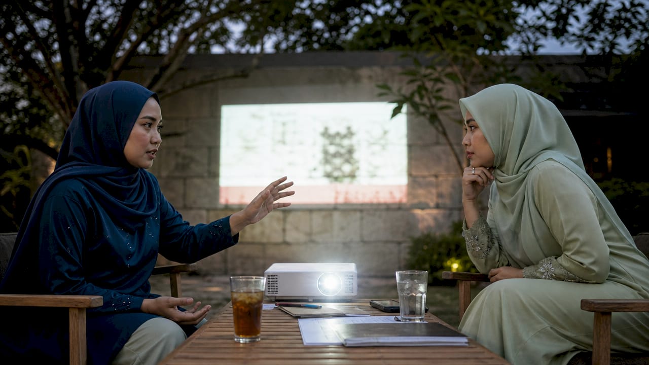 Dua wanita sedang berbincang sambil menggunakan projektor yang terang untuk membentangkan idea mereka.
