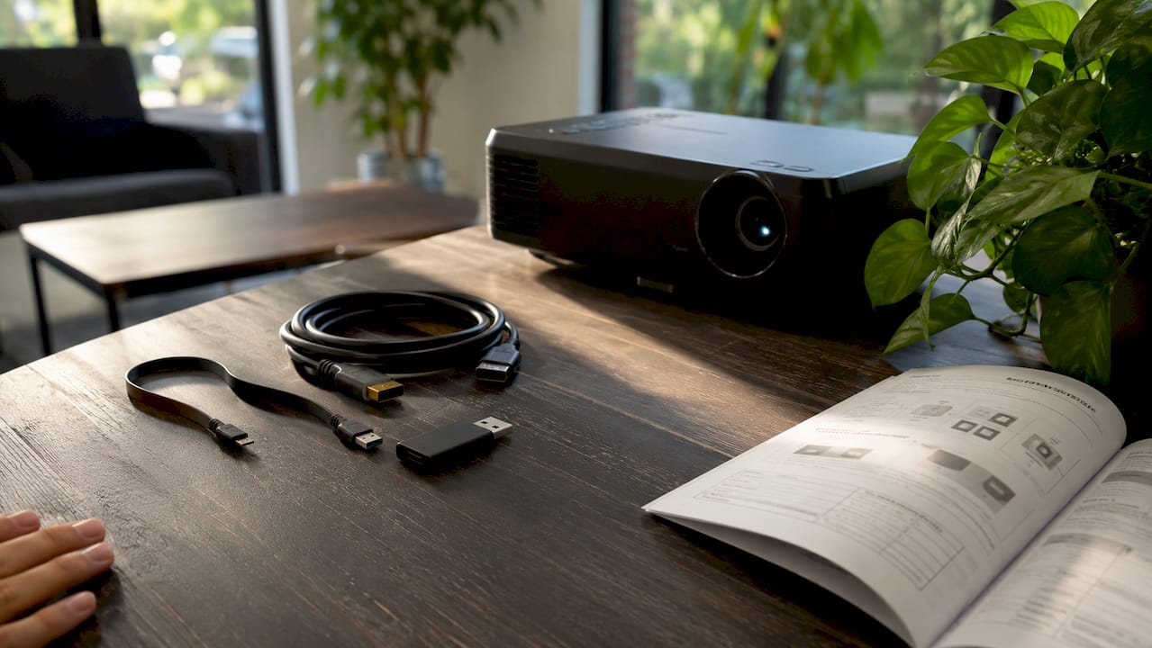 Close-up of various USB and HDMI cables with projector unit