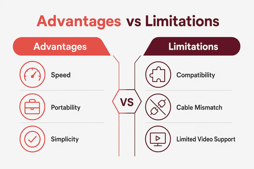 Infographic comparing advantages and limitations of USB plug and play
