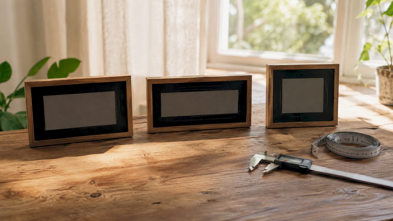 Top-down view of home cinema screen ratio samples on table