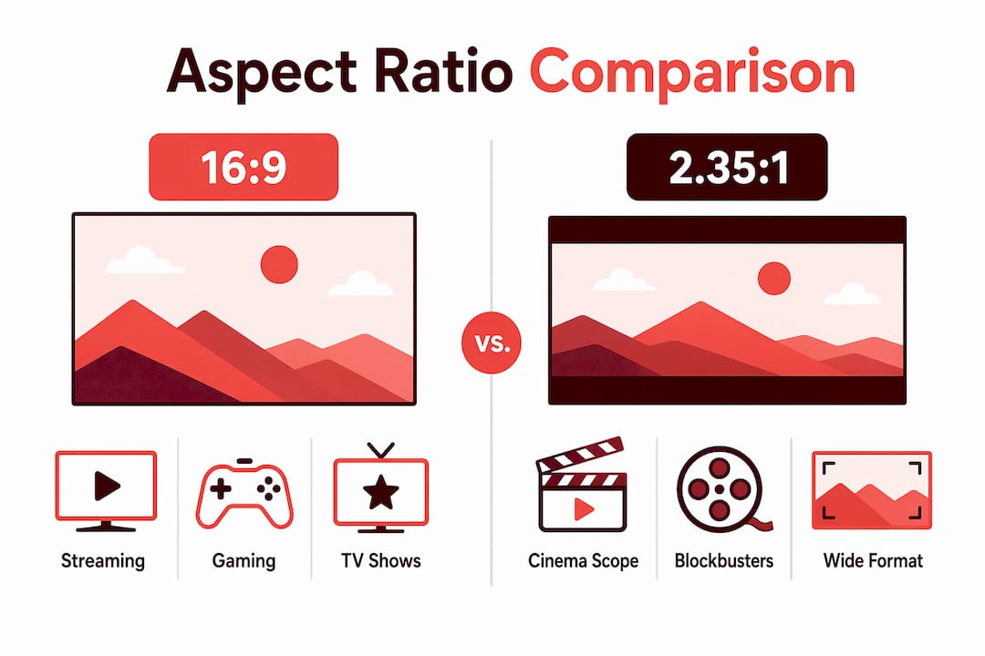 Infographic comparing 16:9 and 2.35:1 screen aspect ratios