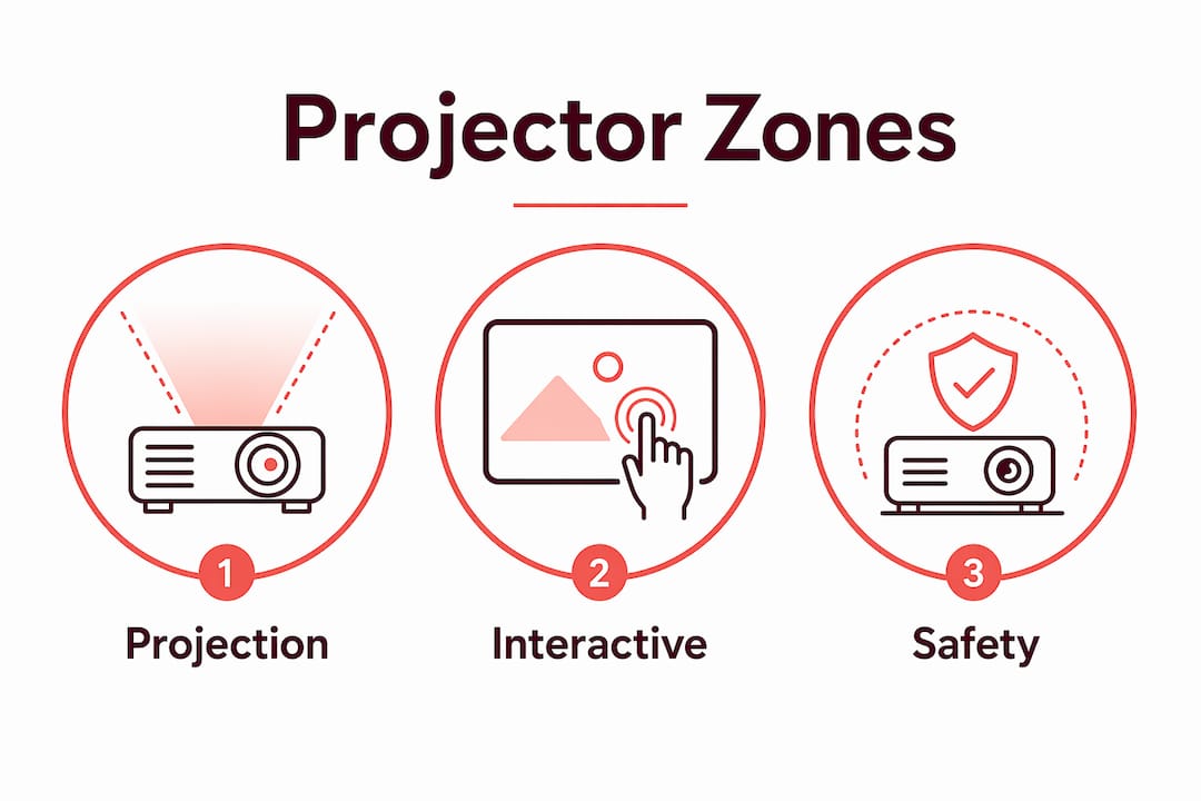 Infographic illustrating three main projector installation zones