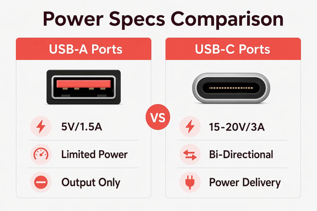 Infographic comparing USB-A and USB-C power specifications for projectors