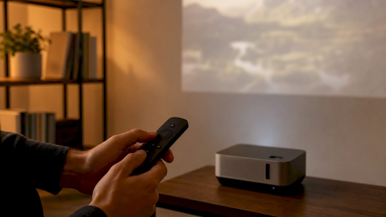 Hands operating smart projector remote control