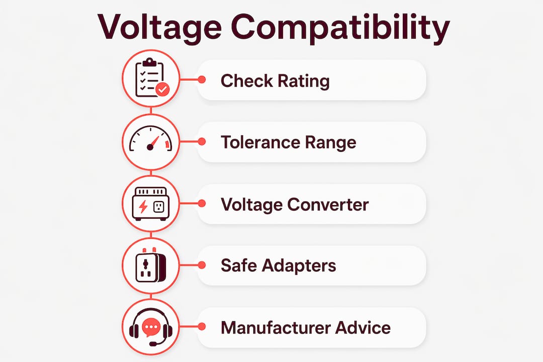 Infographic showing projector voltage compatibility steps