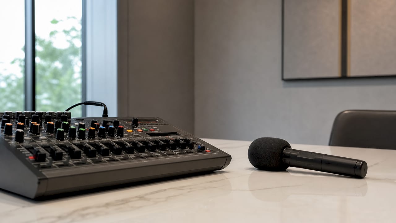 Paparan dekat peralatan audio seperti mixer dan mikrofon