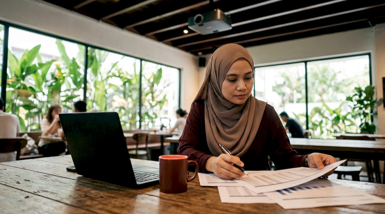 Woman preparing charts under ambient light in office