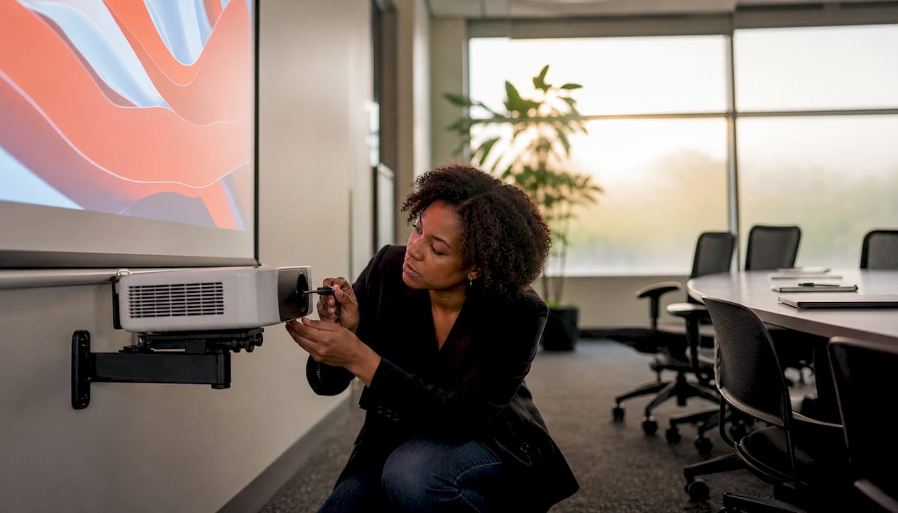 Woman checking projector physical alignment