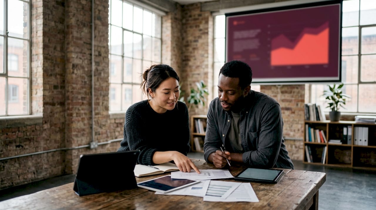 Two professionals collaborating with projector display