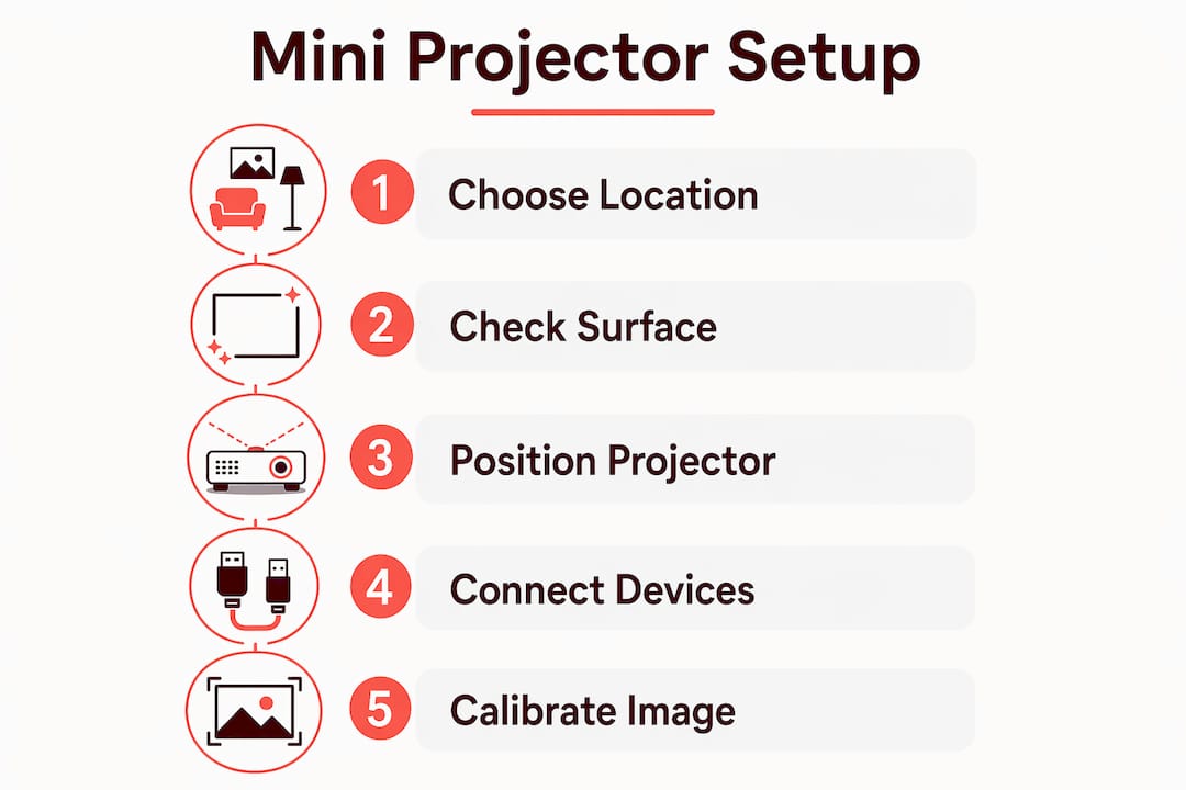 Step-by-step mini projector setup infographic