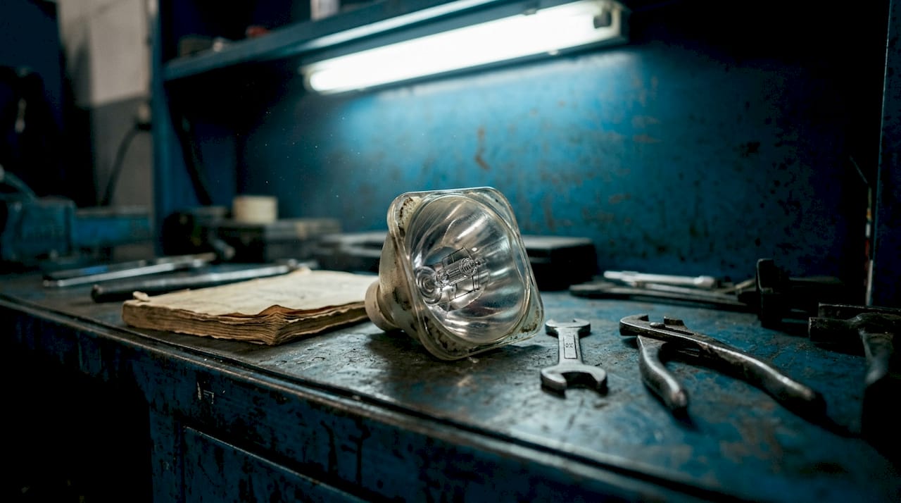 Close-up of aging projector lamp on workbench