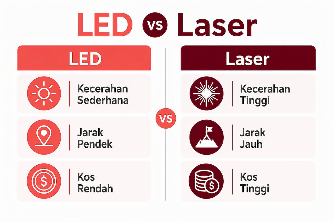 Infografik perbandingan kehebatan LED dan laser dari aspek prestasi utama