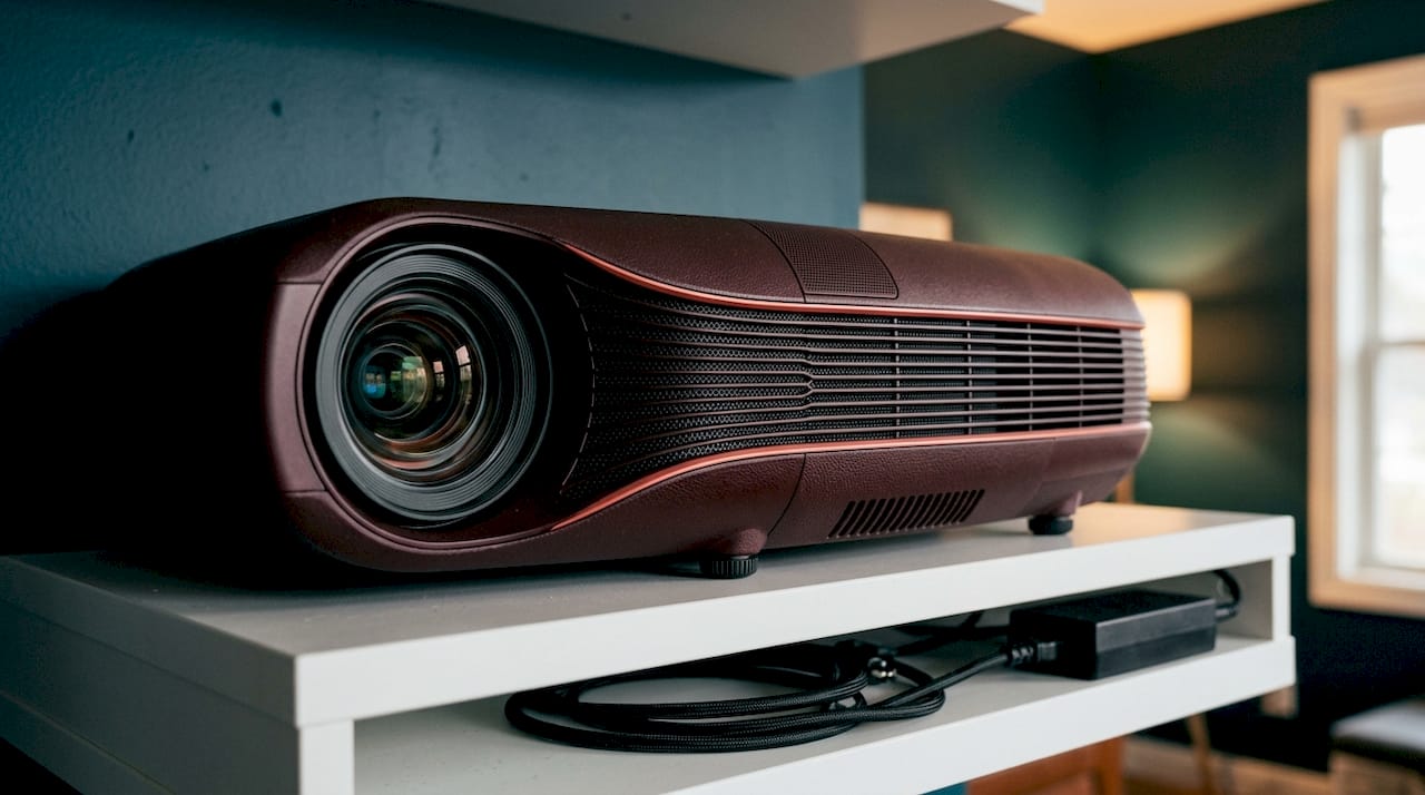 Close-up of 4K laser projector on media console