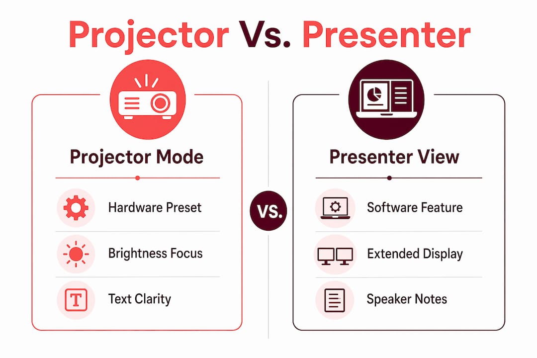 Infographic comparing projector mode and presenter view
