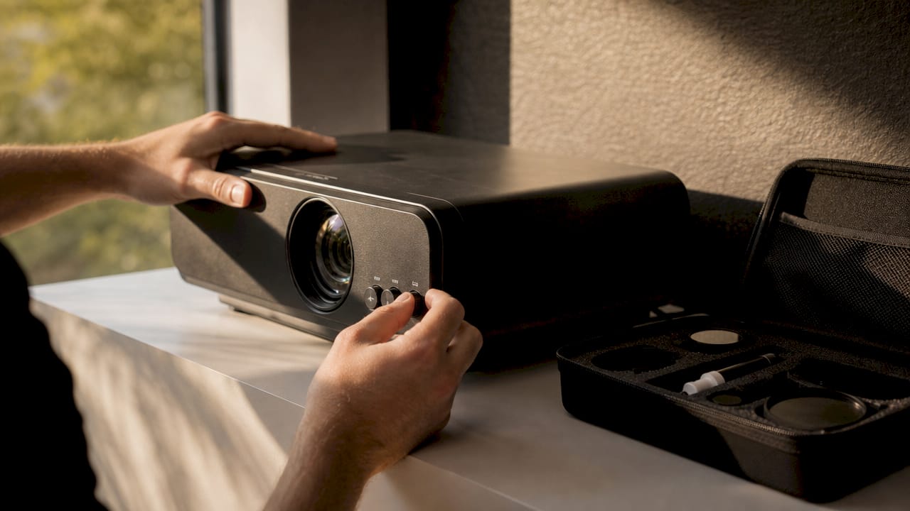 Close-up of hands adjusting projector settings