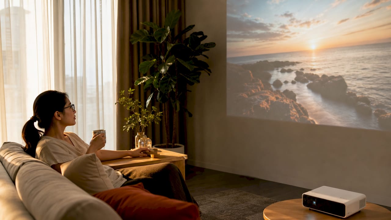 Woman comfortably viewing projector image at home