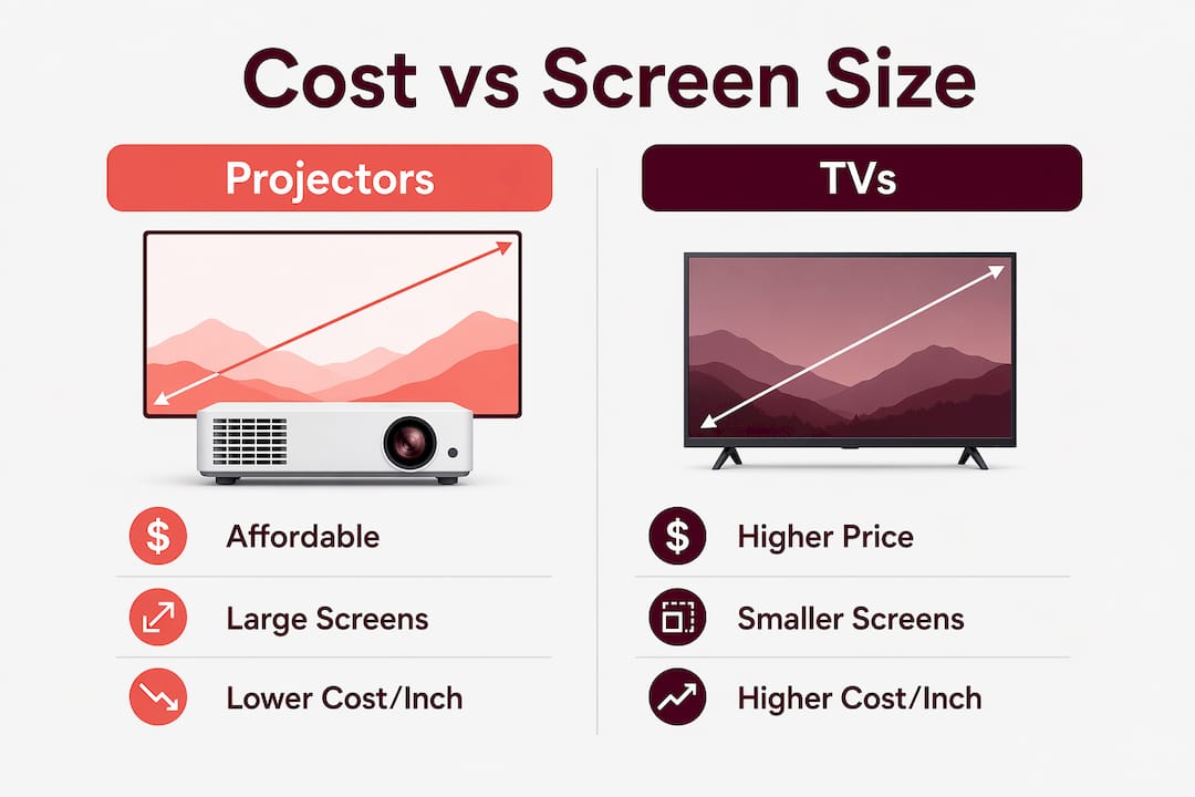 Infographic comparing projector and TV costs and screen sizes