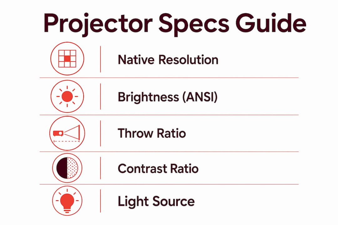 Infographic showing key projector specifications in steps