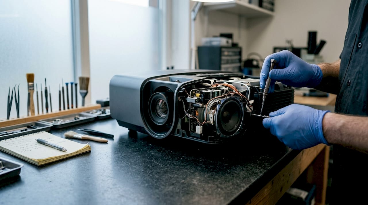 Close-up of projector speaker internal components