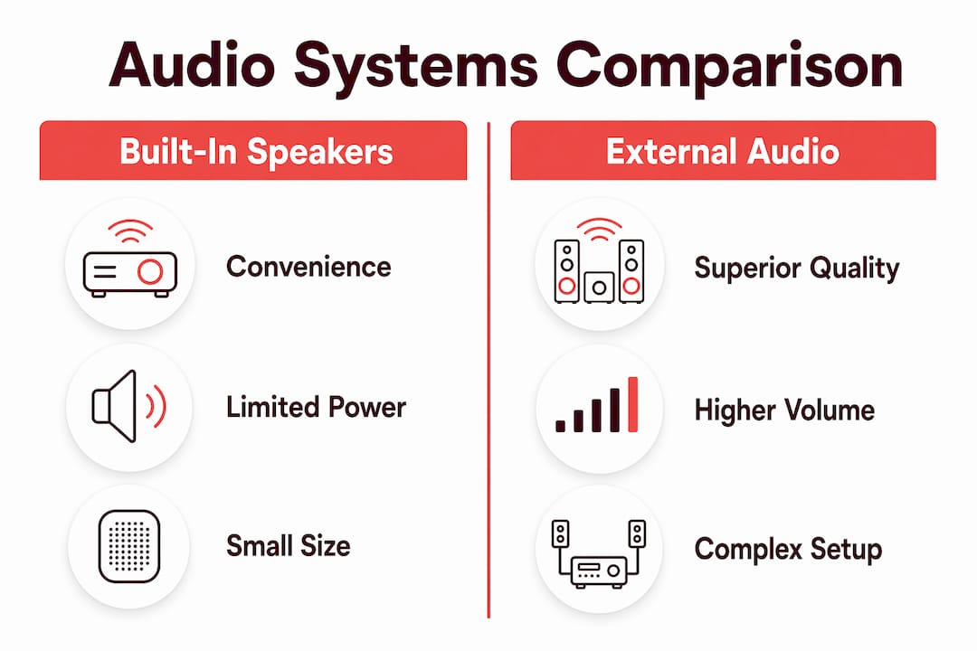 Infographic comparing built-in and external projector audio