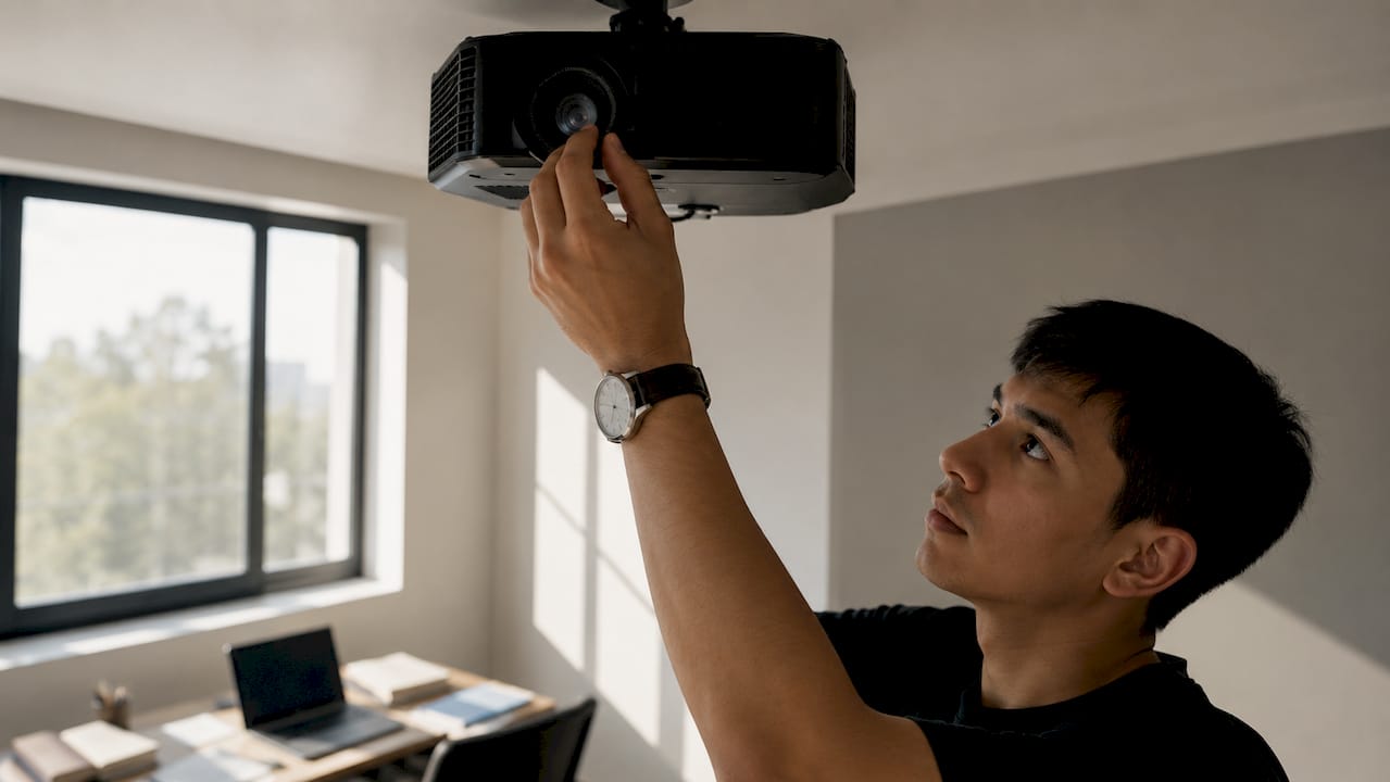 Gambar tangan sedang memutar lensa projektor secara dekat