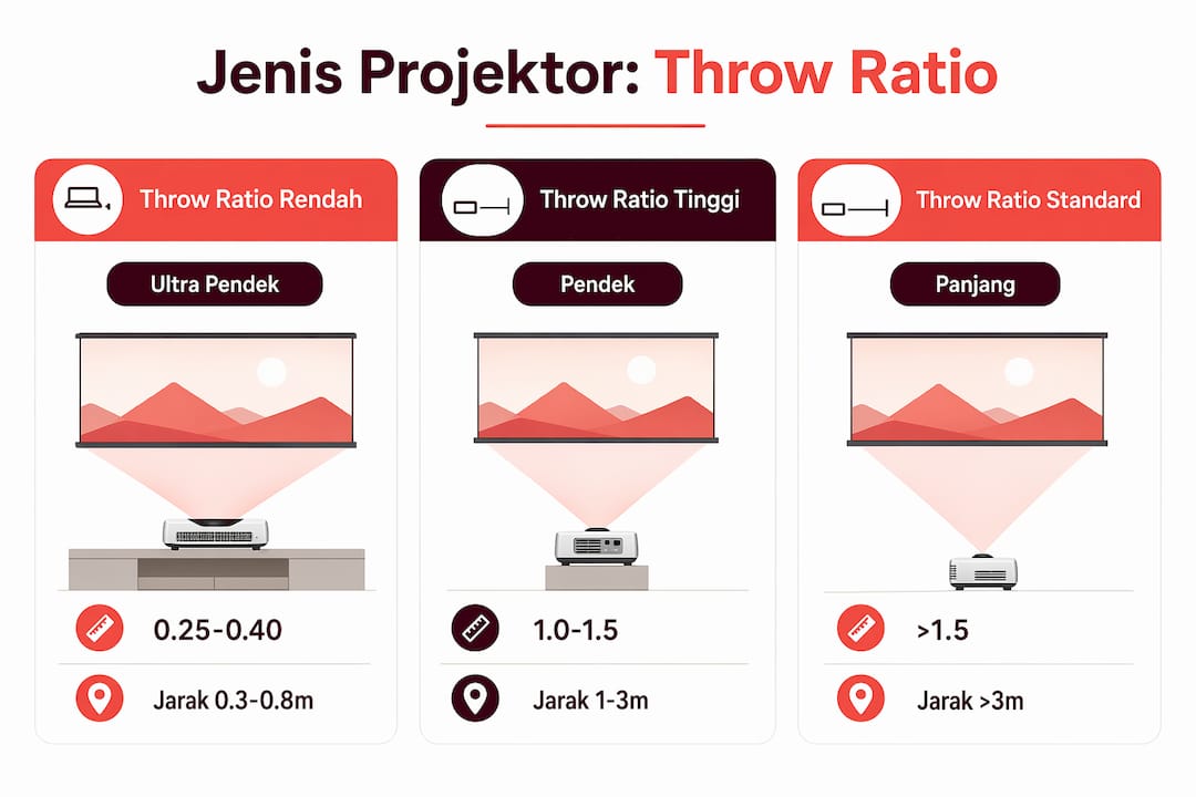 Infografik yang memaparkan jenis-jenis projektor mengikut nisbah lontaran
