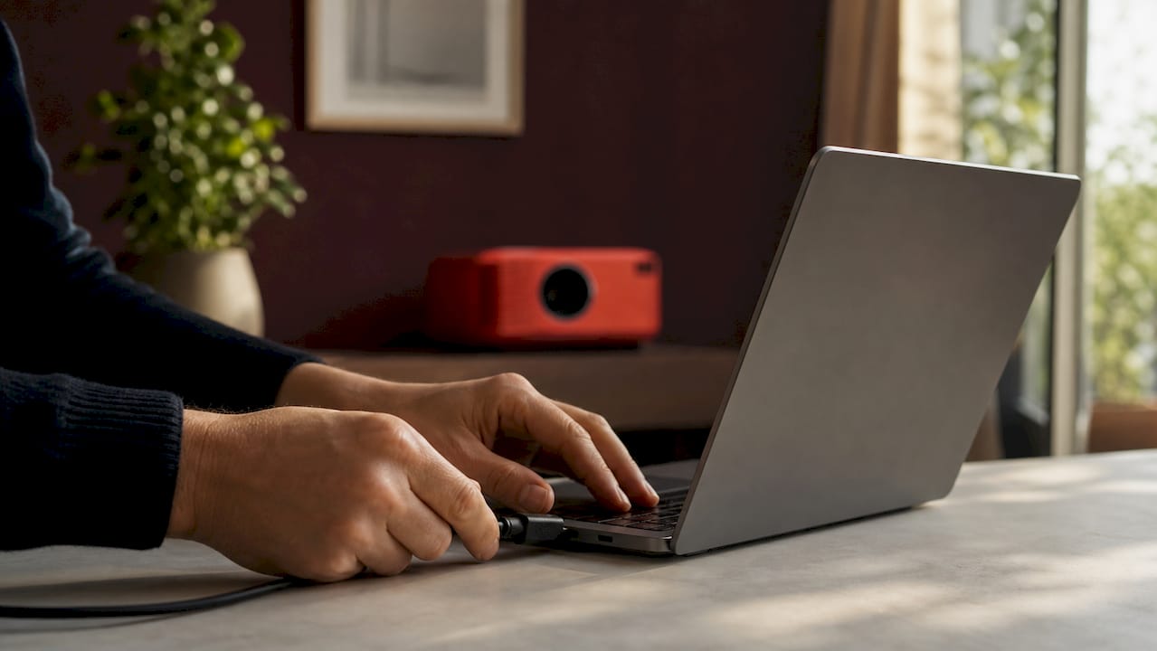 Close-up of hands connecting HDMI cable to laptop