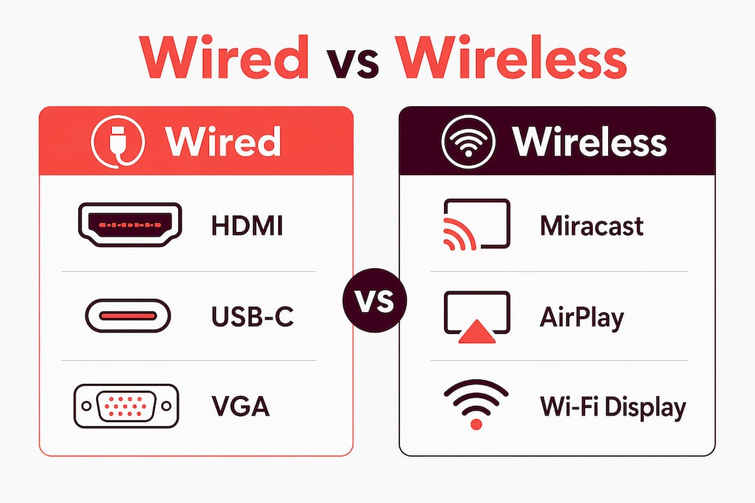 Infographic comparing wired and wireless projector connections