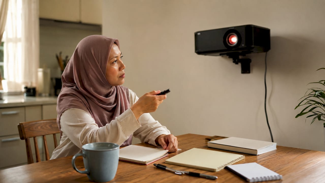 Seorang wanita sedang melaraskan projektor menggunakan alat kawalan jauh.