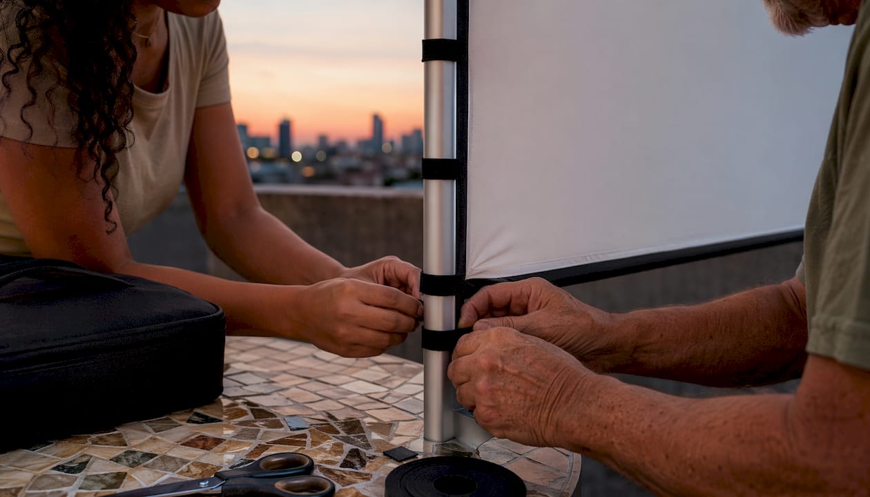 Hands setting up outdoor projector screen