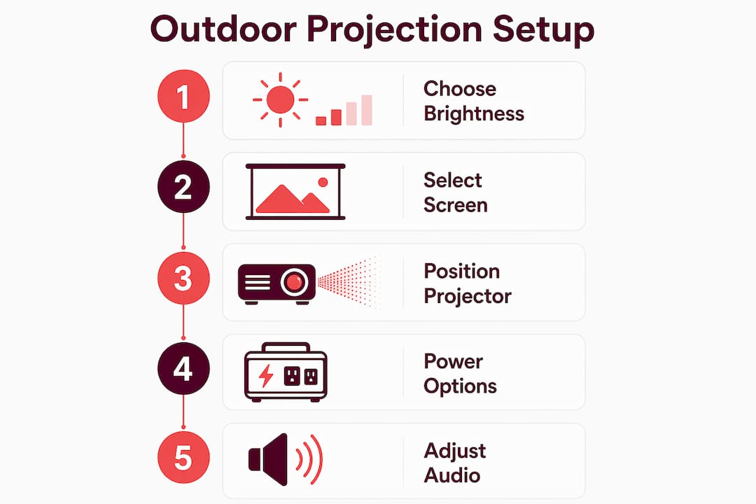 Infographic showing outdoor projector setup steps