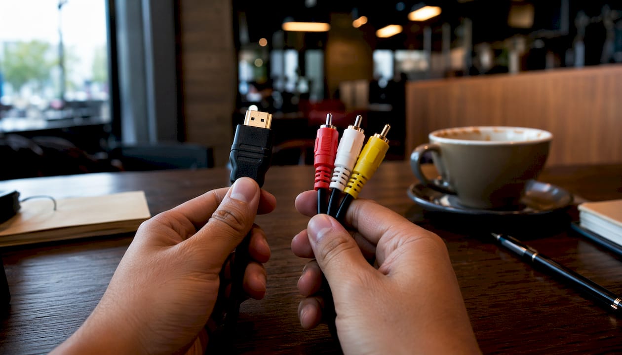 Gambar tangan sedang memegang kabel HDMI dan VGA secara dekat.