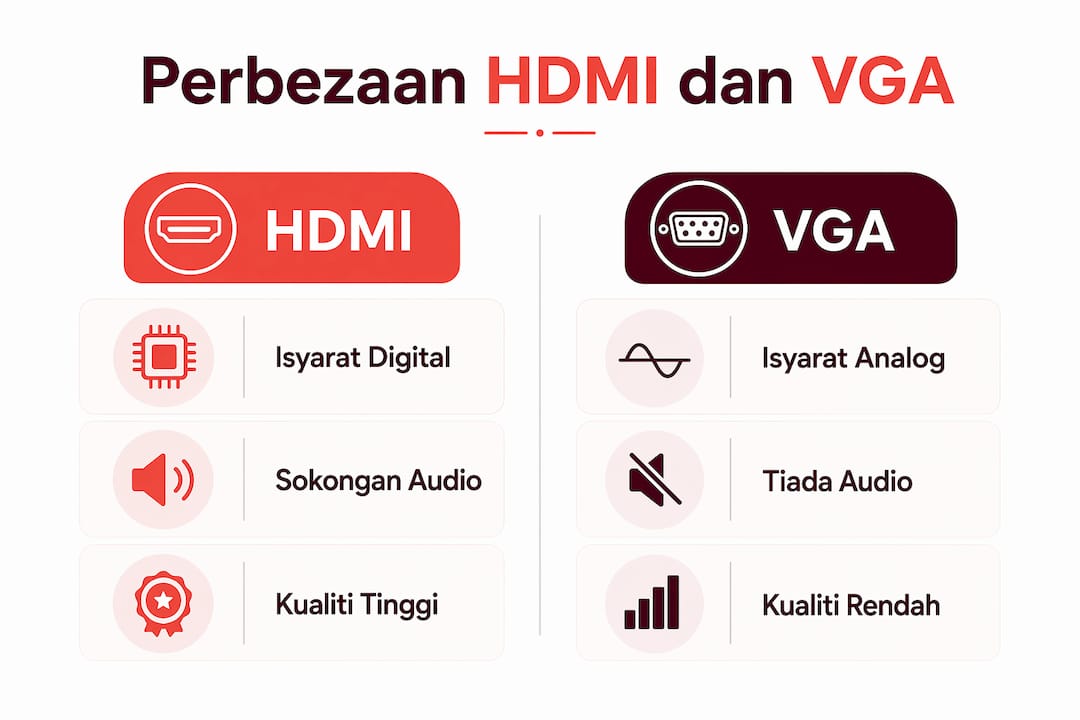 Infografik ringkasan perbezaan HDMI dan VGA beserta fakta penting