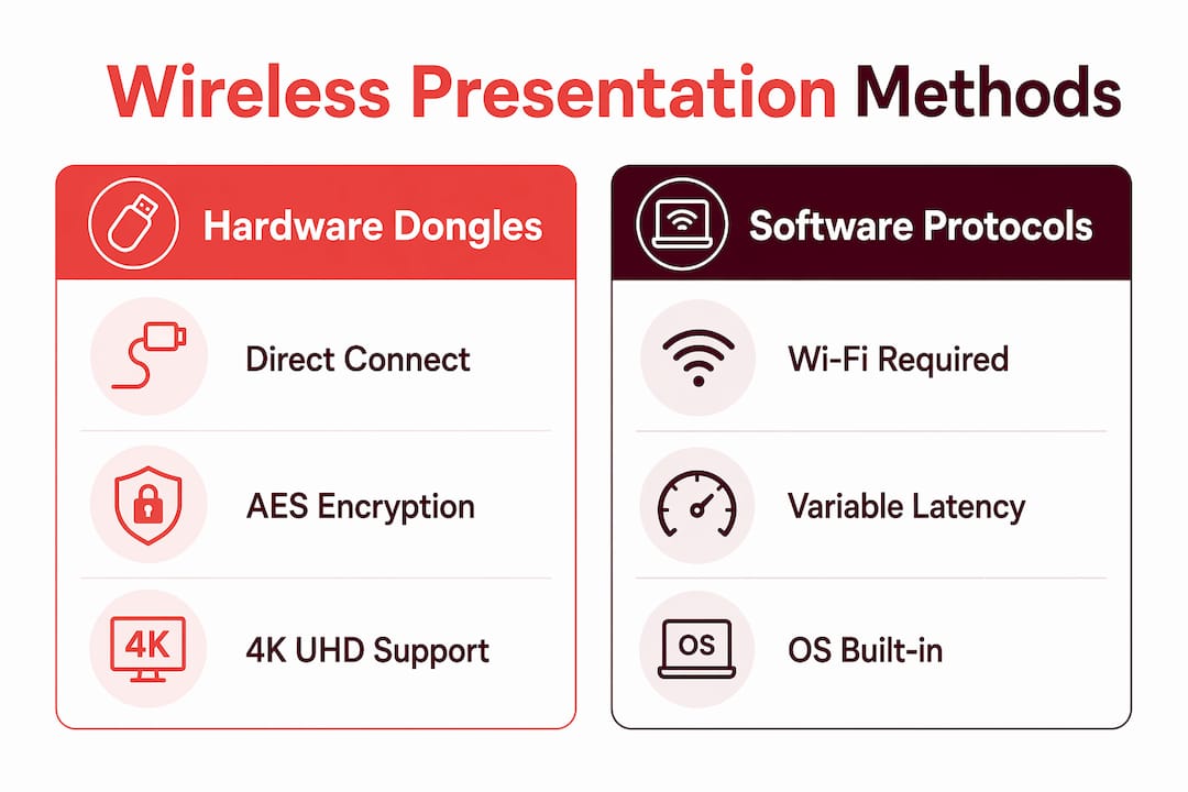 Infographic comparing hardware dongles and software protocols