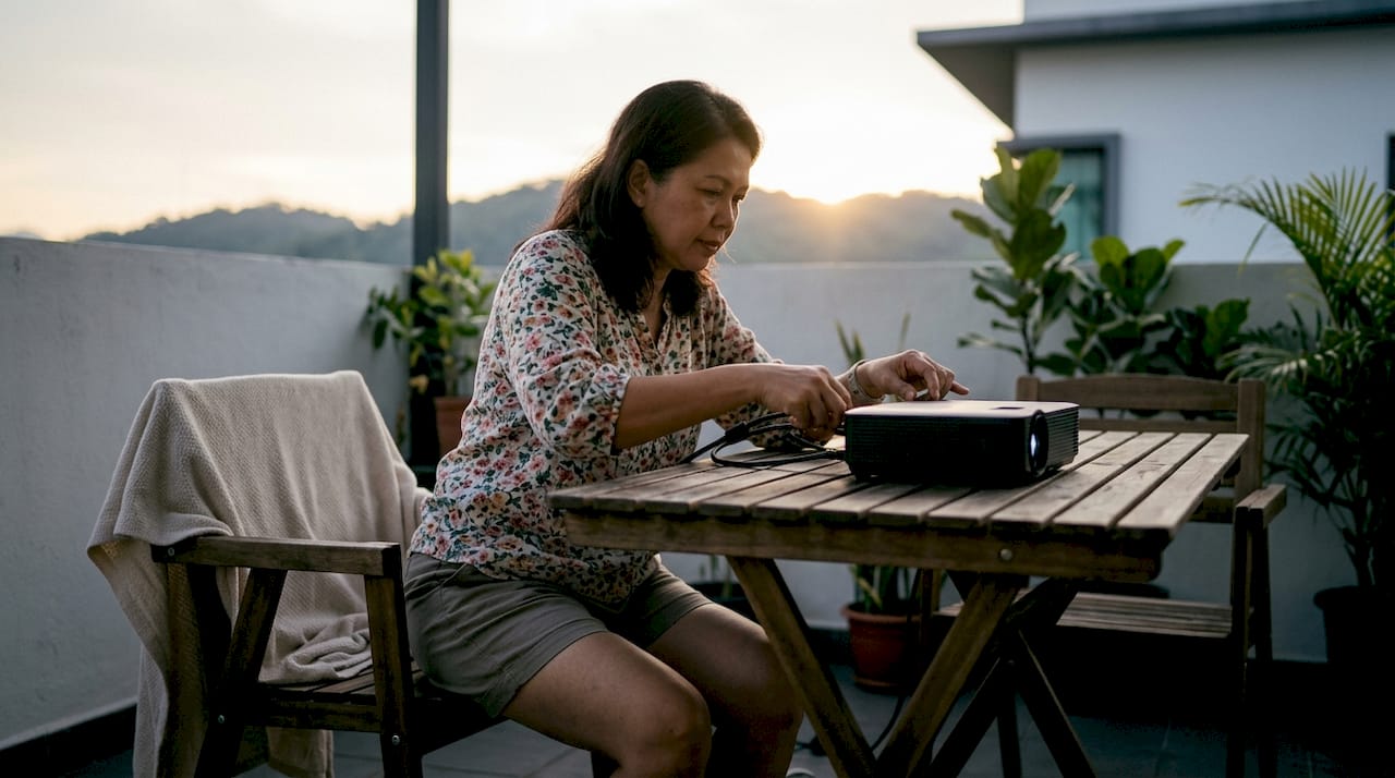 Woman setting up home theater projector